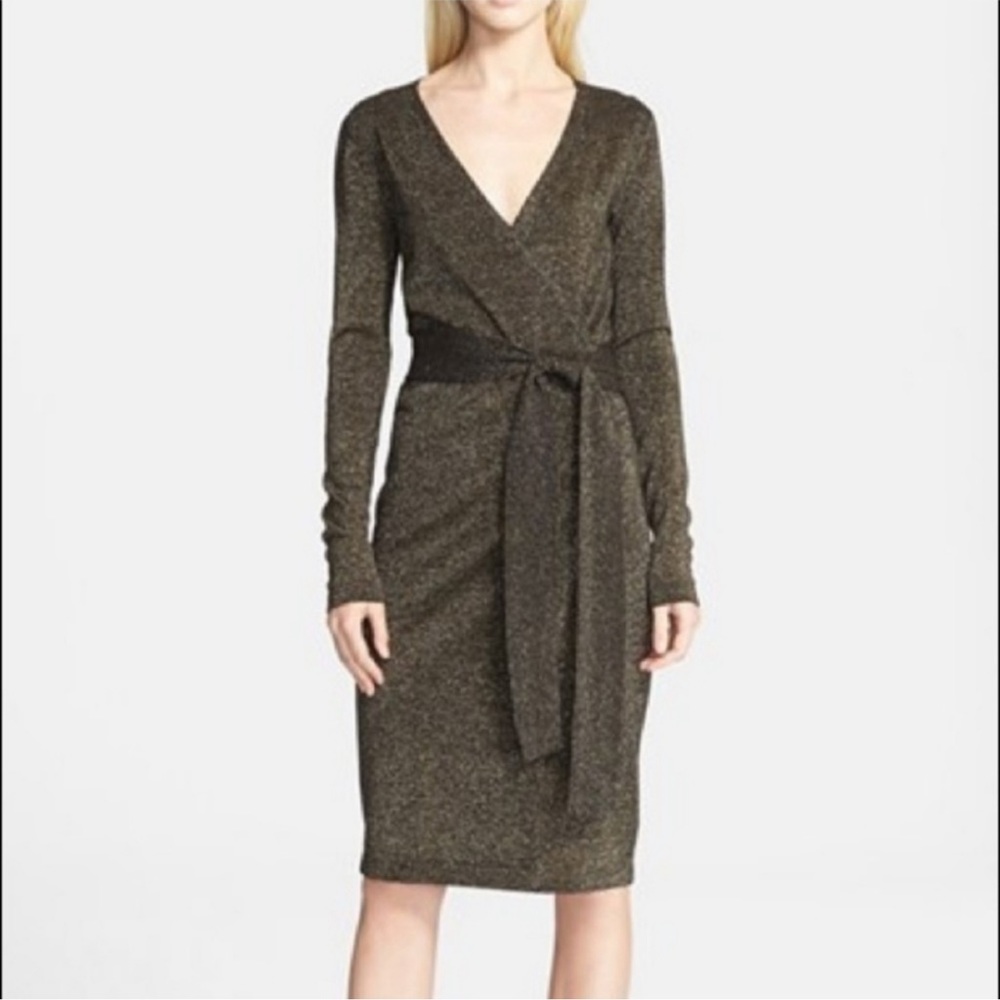Diane Von Furstenberg Black & Gold Lurex Wool Evelyn Wrap Knee-Length Dress